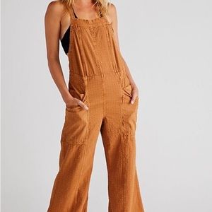 New Free People Savannah Overalls Jumpsuit Onesie Wide Leg Flare Brown